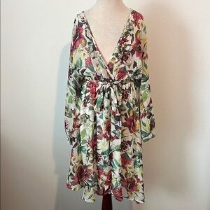MARIA GABRIELLE White Floral V Neck Long Sleeve Dress